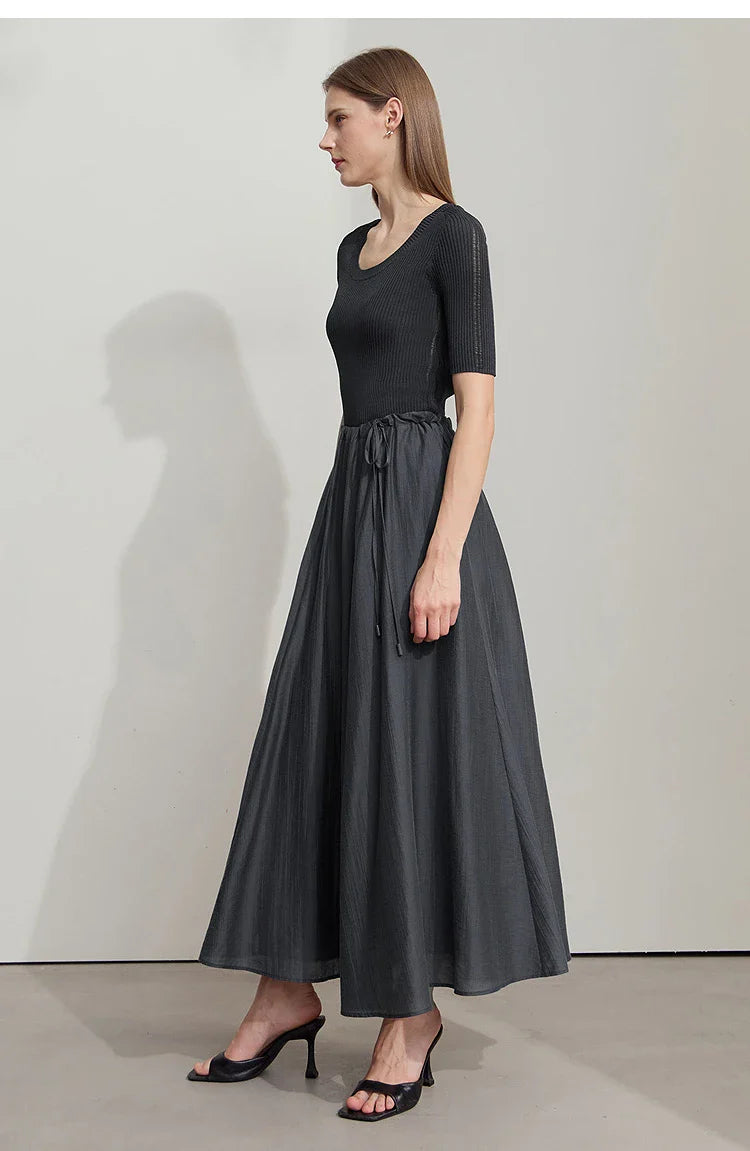 Minimalist New Summer Knee Length A-line Skirt Women Adjustable Drawstring Solid Color Commuting Style Loose Skirt 12522025