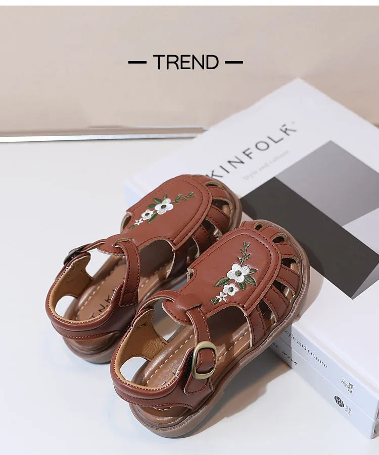 Traditional Chinese Embroidery Kids Shoes for Girl Sandals Summe Retro Princess Shoes Roman Style Girls Leather Shoes Kid F05173