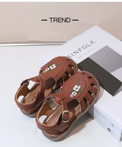 Traditional Chinese Embroidery Kids Shoes for Girl Sandals Summe Retro Princess Shoes Roman Style Girls Leather Shoes Kid F05173