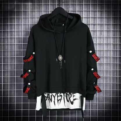 New Men's Hoodies Sweatshirt Autumn Casual Techwear Hip Hop Harajuku Hoodie Men Ribbons Patchwork Japanese Streetwear Darkwear