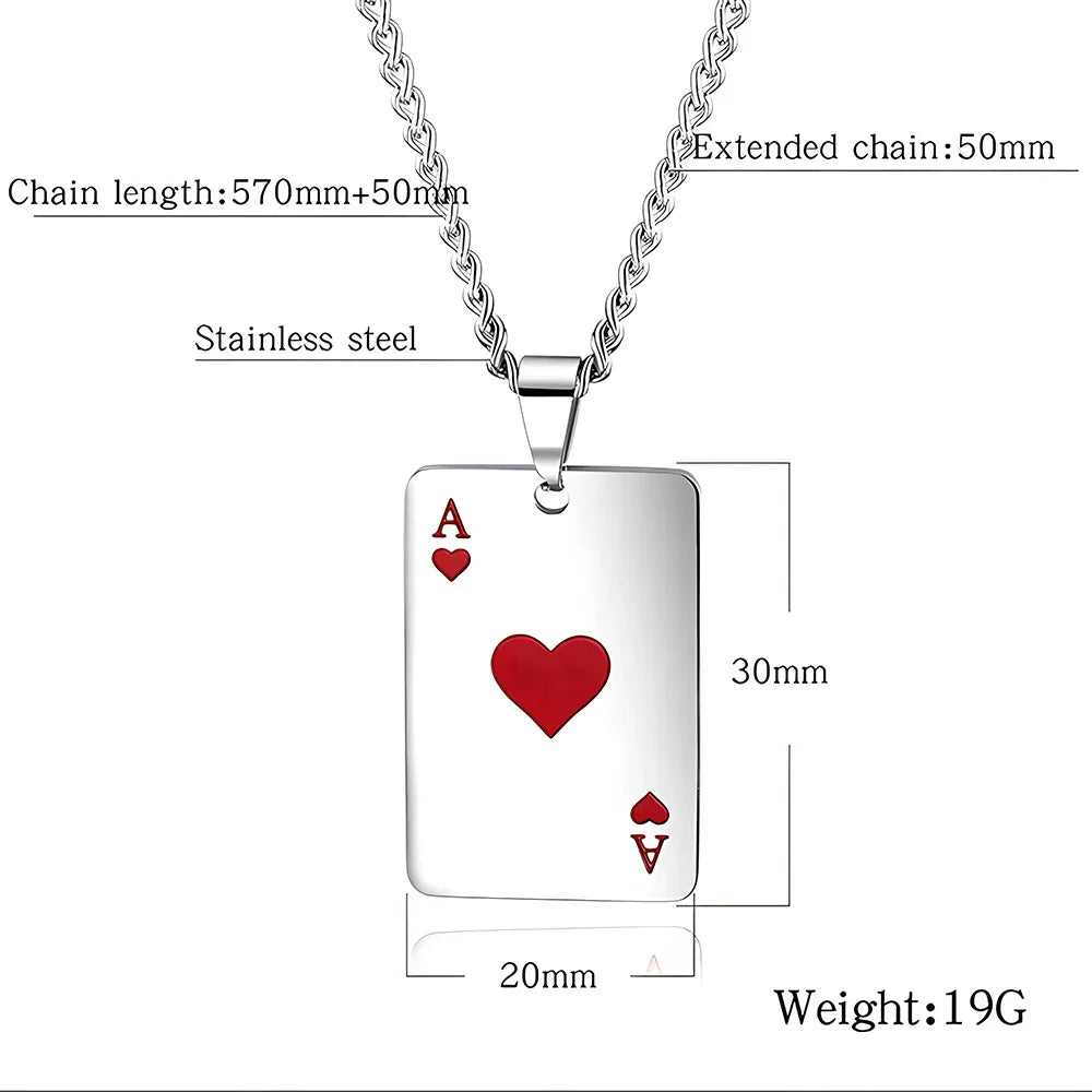 Hip Hop Stainless Steel Poker Card Ace of Spades Necklace For Men Pendant Chain Playing Cards Jewelry Ace of Hearts Necklaces