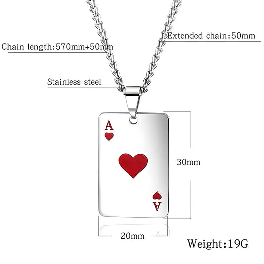Hip Hop Stainless Steel Poker Card Ace of Spades Necklace For Men Pendant Chain Playing Cards Jewelry Ace of Hearts Necklaces