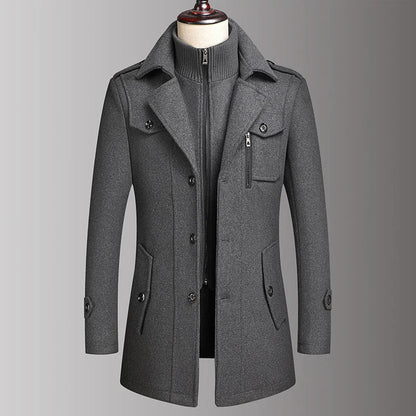 Sobretudo Masculino de Lã com Colarinho Duplo Moda Outono Inverno Estilo de Negócios Elegante Casaco de Lã Masculino de Meia-idade de Alta Qualidade