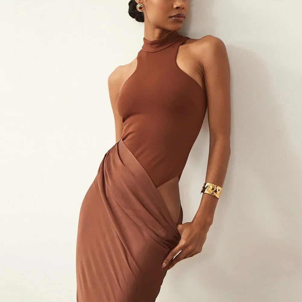 Satin Sexy Hollow Out Women Maxi Dress Black Sleeveless High Waist Dress Female Autumn Skinny Elegant Party Clubwear