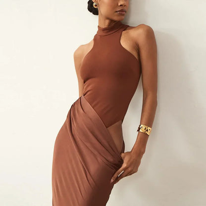 Satin Sexy Hollow Out Women Maxi Dress Black Sleeveless High Waist Dress Female Autumn Skinny Elegant Party Clubwear