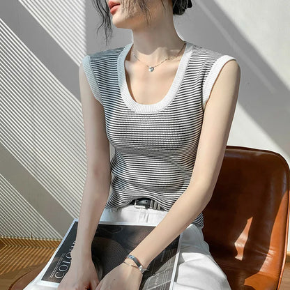 2026 Spring Summer O-Neck Striped Vest Top Simple Slim Fit Sleeveless Casual Versatile Women's Tank Top