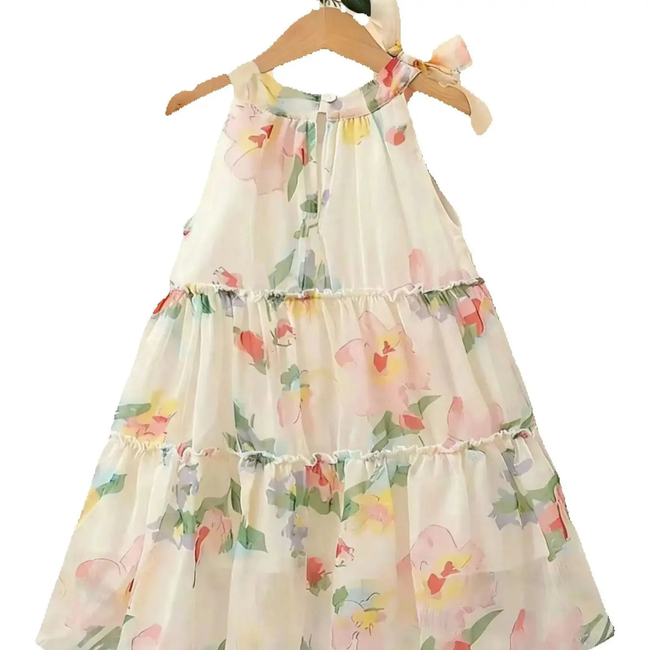 Girls' Floral Chiffon Princess Dress Summer Chic Boho Style Knee-Length with Bow Detail Perfect for Beach And Parties
