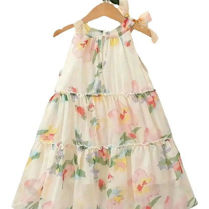 Girls' Floral Chiffon Princess Dress Summer Chic Boho Style Knee-Length with Bow Detail Perfect for Beach And Parties
