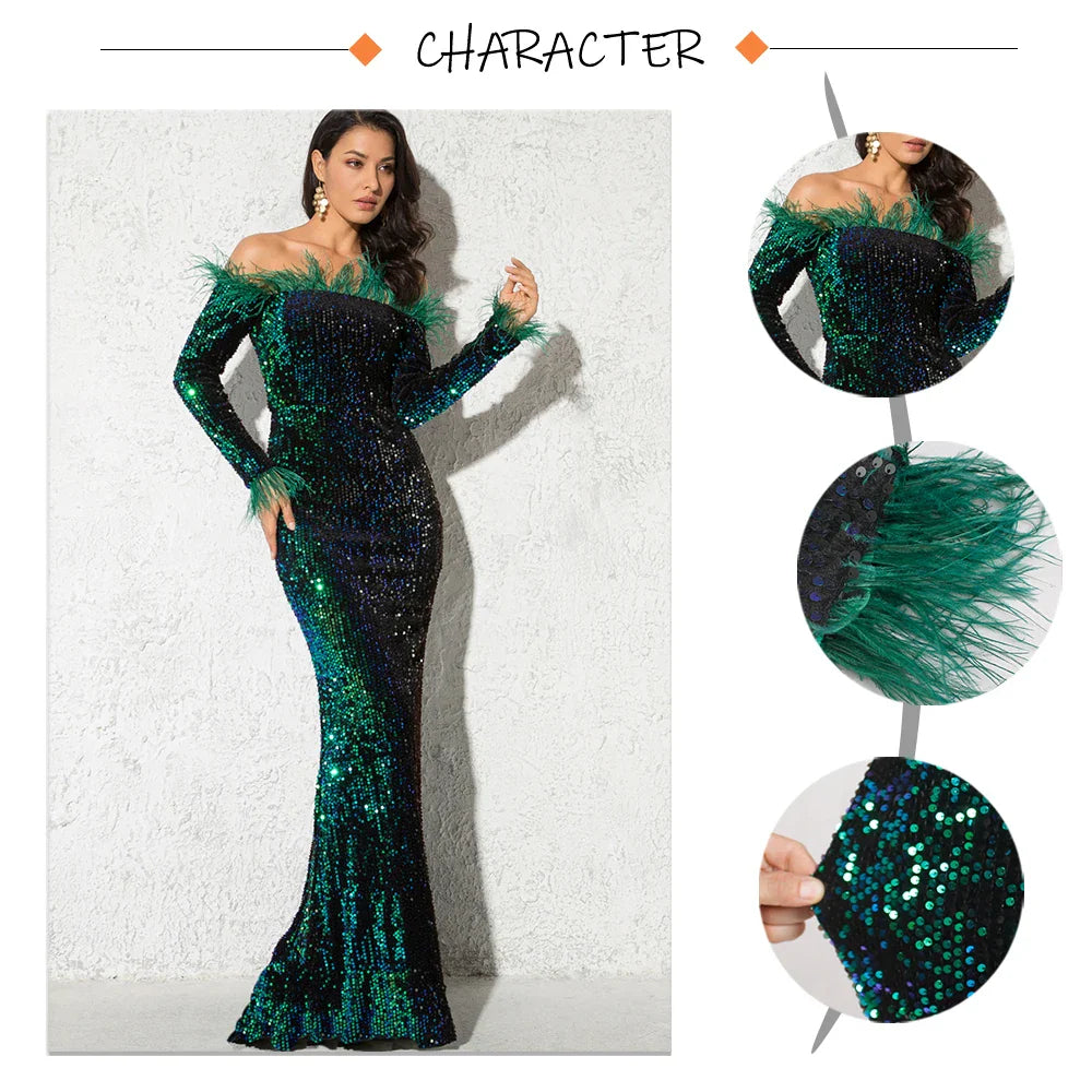 Sparkle Sequin Green Feathers Maxi Cocktail Dress Mermaid Off Shoulder Long Sleeves Stretch Wedding Party Gown Dresses 2025