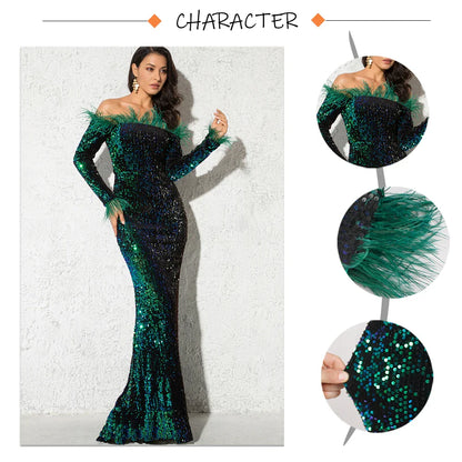 Sparkle Sequin Green Feathers Maxi Cocktail Dress Mermaid Off Shoulder Long Sleeves Stretch Wedding Party Gown Dresses 2025