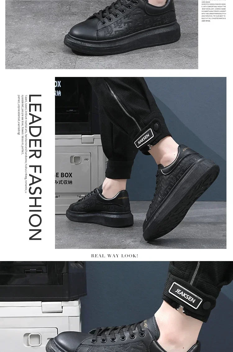2025 New Men's Shoes Spring and Autumn Flat-soled Casual Leather Shoes Sports Shoes Black and White Men's Thick-soled Breathable