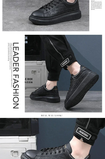 2025 New Men's Shoes Spring and Autumn Flat-soled Casual Leather Shoes Sports Shoes Black and White Men's Thick-soled Breathable