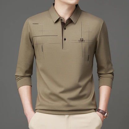 2025 Latest Autumn New Men's Long Sleeve Polo Shirt Middle Aged Business Comfortable Solid Color Men's Collar T-shirt