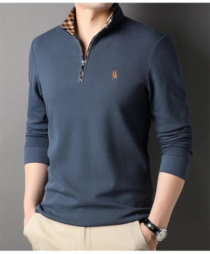 High end 100% cotton brand long sleeve T-shirt men's standing collar autumn fashionable embroidery Paul casual sports polo shirt
