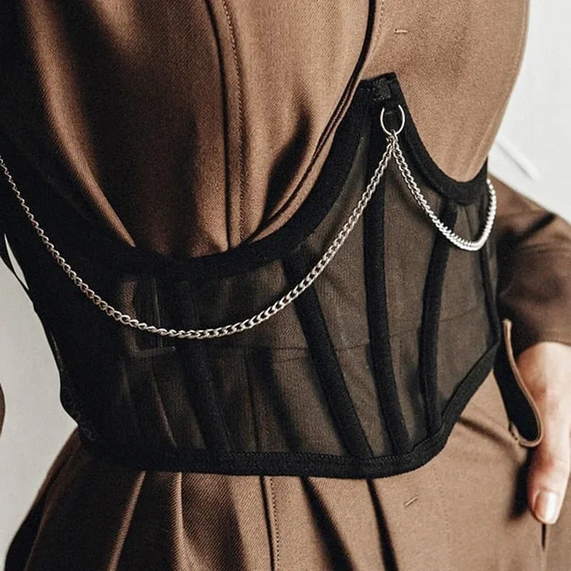 Sexy Corset Underbust Punk Metal Chain Black Women Top Curve Shaper Strap Slimming High Waist Belt Lace Bustiers Mall Goth Corse