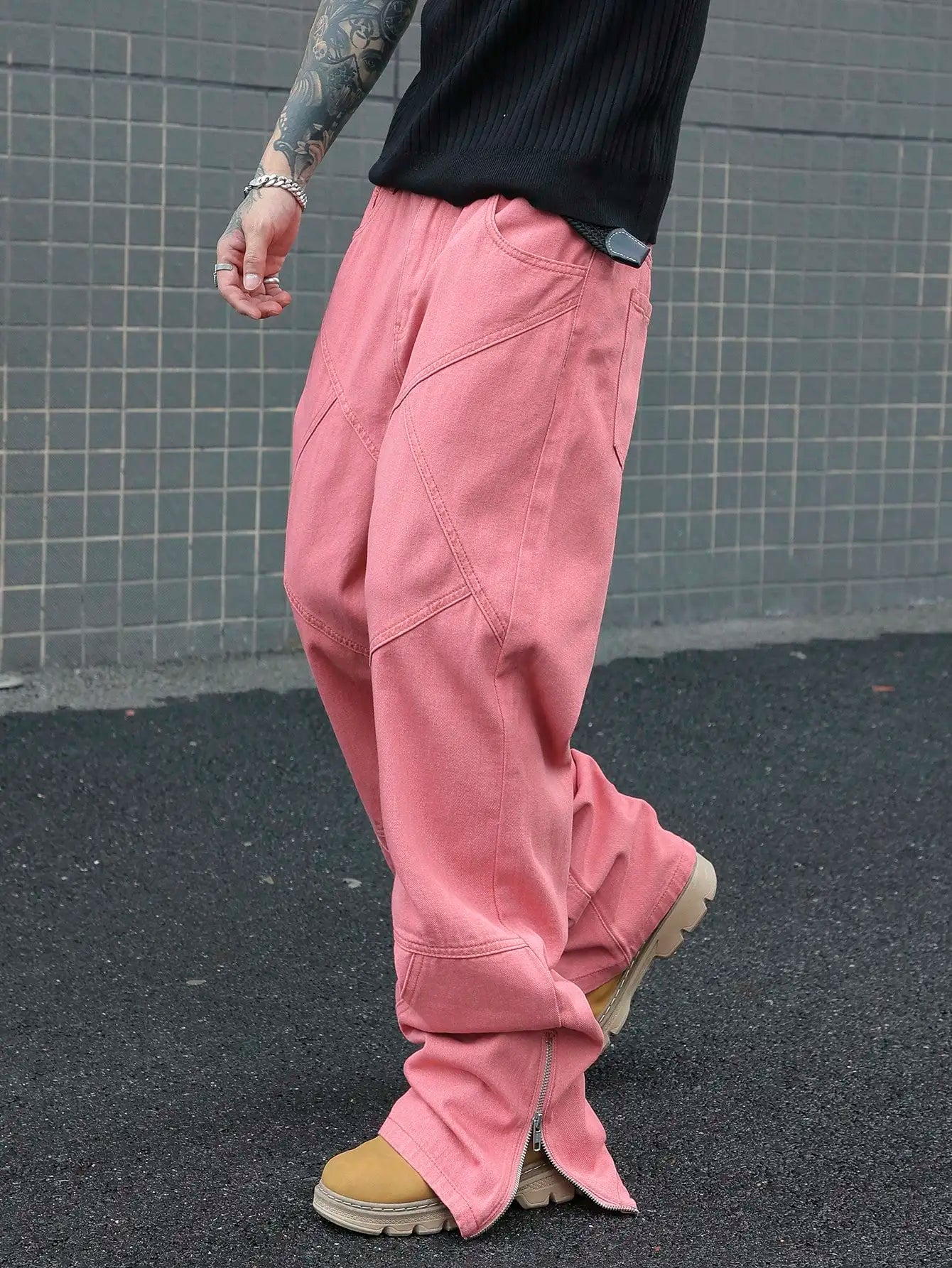 Men's Pink Patchwork Flared Jeans, Street Trend, Suitable for All Seasons