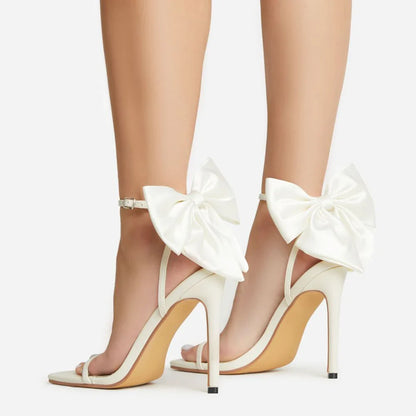 Aneikeh 2026 Summer PU Butterfly-Knot Sandals Square Toe Thin Heels Party Shallow Concise Sweet Buckle Strap Adult Open  Pleated