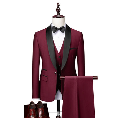 US Size Men Lapel Black Collar 3 Pcs Suit Set Coat Vest Trousers / Business Groom Wedding Dress Fprmal Blazer Pants Waistcoat