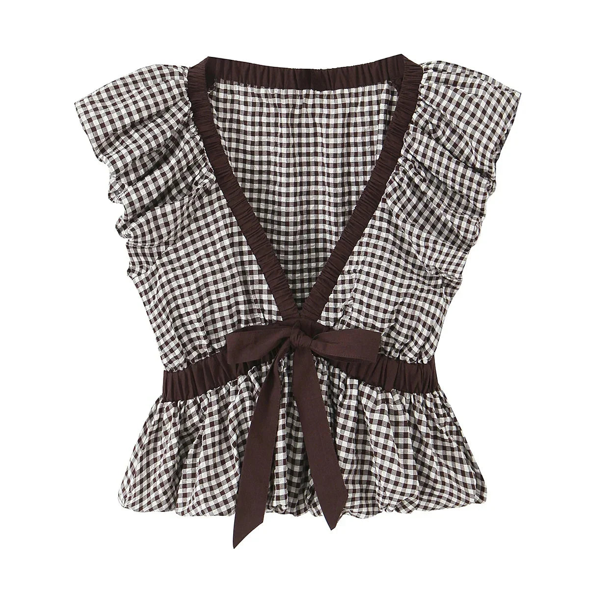 Casual Chic Women Tops Plaid V-Neck Sleeveless Bow Folds Short Tops Fashion 2026 Spring Summer Holiday Female Y2K Tops