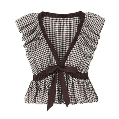 Casual Chic Women Tops Plaid V-Neck Sleeveless Bow Folds Short Tops Fashion 2026 Spring Summer Holiday Female Y2K Tops