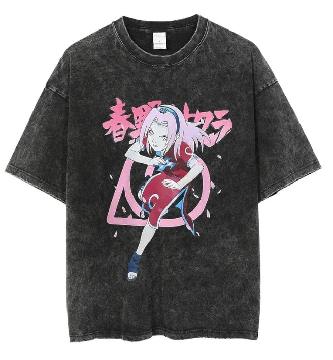 Men's oversized Uchiha Sasuke anime printed cotton T-shirt retro washed street wear summer casual 2025 summer anime fans