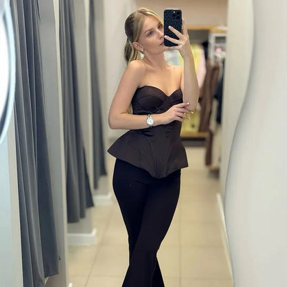 Sexy Fishbone Strapless Short Top Lady Chic Sleeveless Off-shoulder Backless Waist Cinching Blouse Women Vacation Party Tops