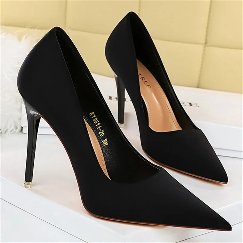 Women 7.5cm 10.5cm High Heels Scarpins Silk Satin Pumps Lady Quality Green Purple Fetish Wedding Bridal Mid Low Heels Prom Shoes