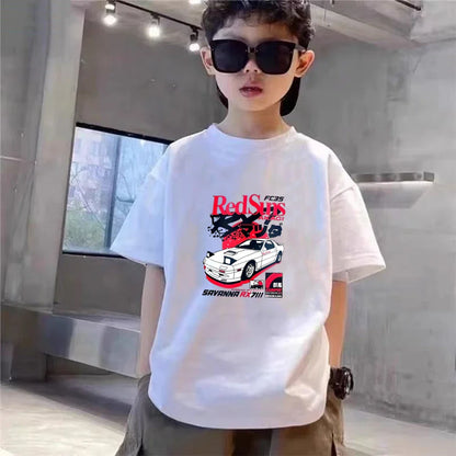 Summer Cool Boy Girl Tshirt Children T-shirt+Shorts Set Japanese manga racing car Fashion Print Toddler 3-12Yrs white clothing