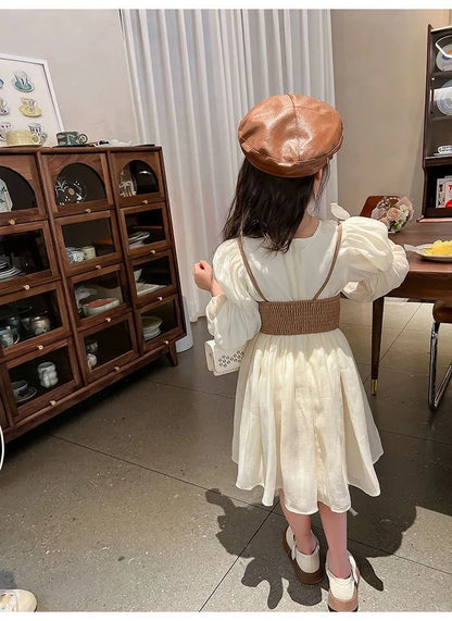 Spring Autumn Girls Dress Set Long Sleeve Children's Retro PU Leather Vest Dress Set Teenage Girls Clothing Suit 4 6 8  12Y