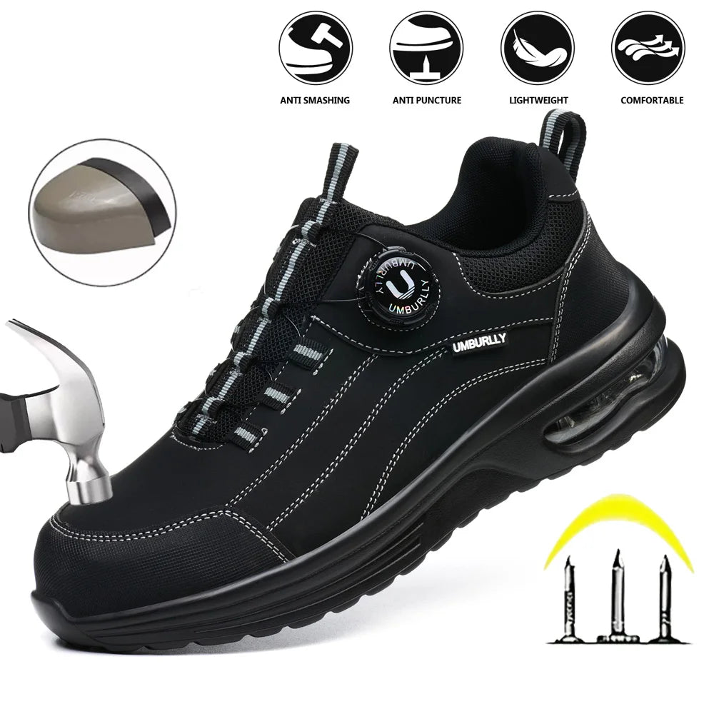 Men's Steel Toe Safety Work Boots Puncture Resistant Kevlar Midsole Air Cushioned Black Button Style Industrial Construction