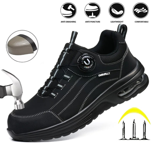 Men's Steel Toe Safety Work Boots Puncture Resistant Kevlar Midsole Air Cushioned Black Button Style Industrial Construction
