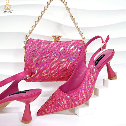 Fashion Shoes Matching Bag Set Royal Blue Color Decorated with Crystal Ladies Wedding Party Women High Heel