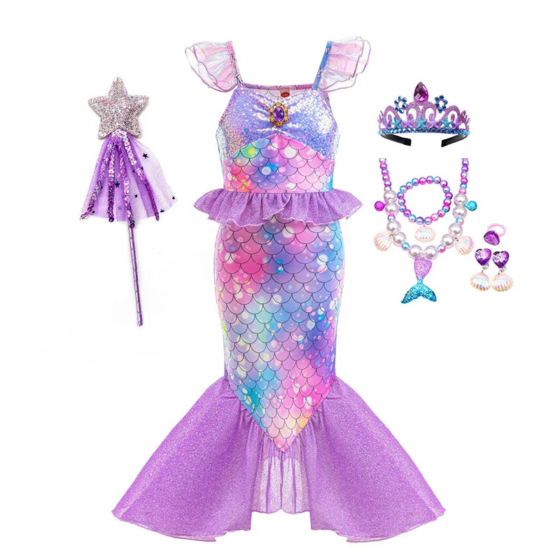 New Ariel Princess Little Mermaid Dress Girl Charm Cosplay Costume Kids Birthday Party Halloween Disguise Clothes