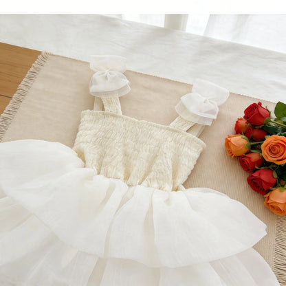 Summer White Bow Strap Princess Party Layered Dress Baby Clothes For Kids Birthday Skirt Toddler Girls Baptism Elegant Dress