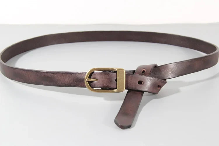Retro Narrow Cowhide Women's Belt Pure Copper Button Top Cowhide All-match Casual Jeans Belt High Quality Luxury Women Belt