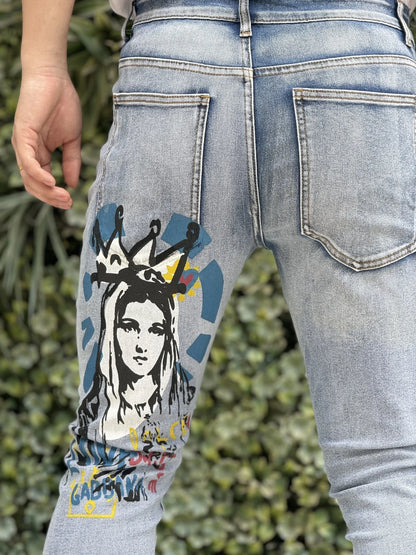 Calça Jeans Masculina Estampada Elegante   Cor Azul Claro Clássica e Versátil   Adequada para Todas as Estações e para a Moda Urbana