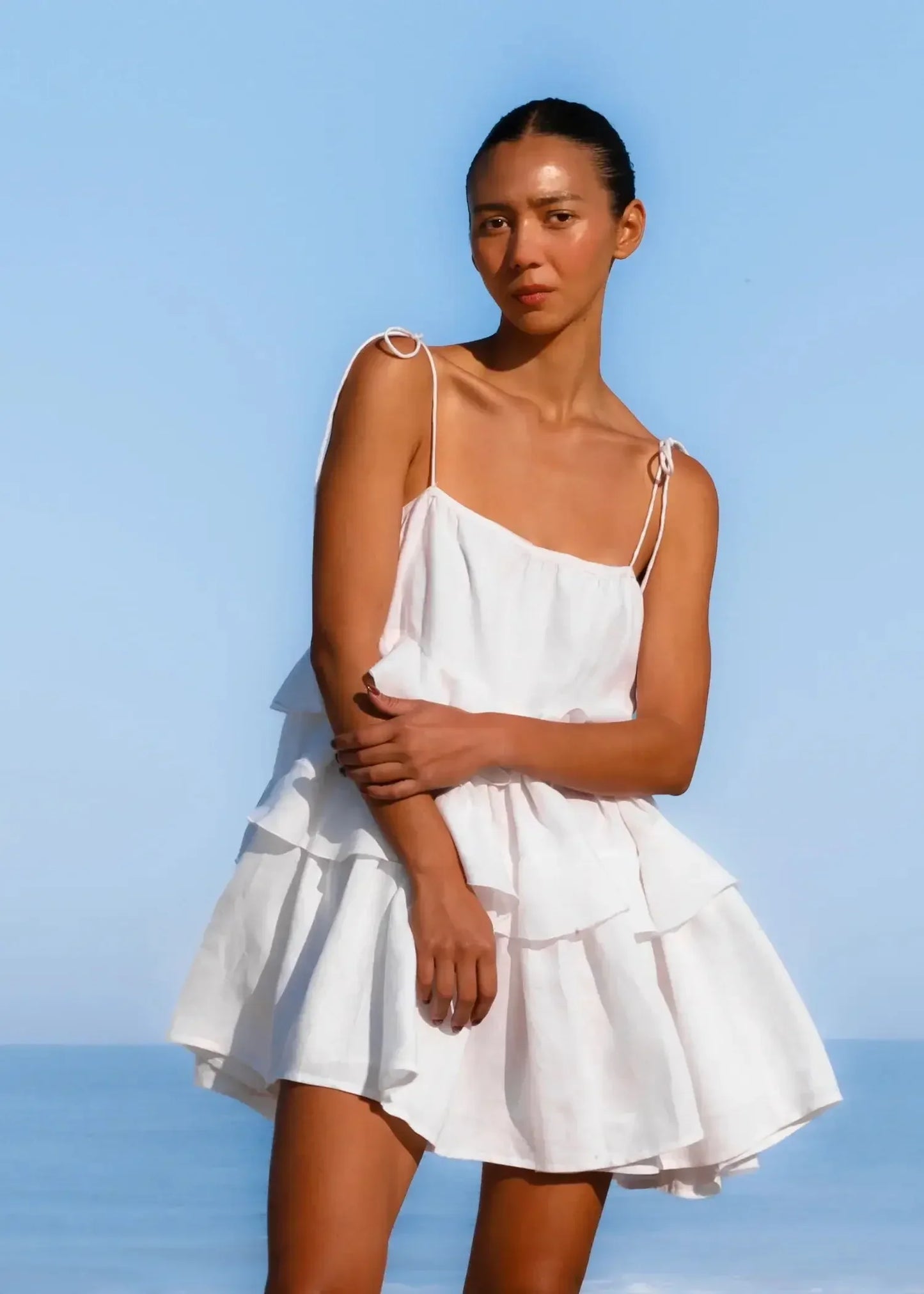 Sexy Loose White 100% Cotton Women's Dress Summer Strap Sleeveless Mini Dresses Classic Ruffle Female Beach Dress