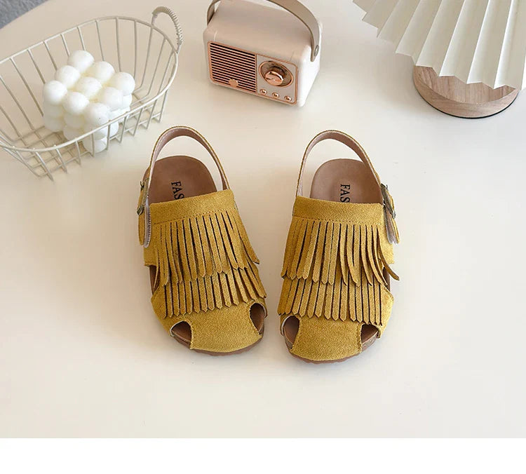 2025 Summer New Girls' Sandals Korean Style Tassel Princess Shoes Frosted Leather Hollow Sandals Comfortable 23-31