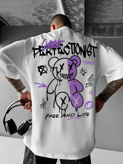 2025 Summer New Men's T-shirt Fashion Letter Bear Print Pattern is a casual and versatile polyester men's T-shirt