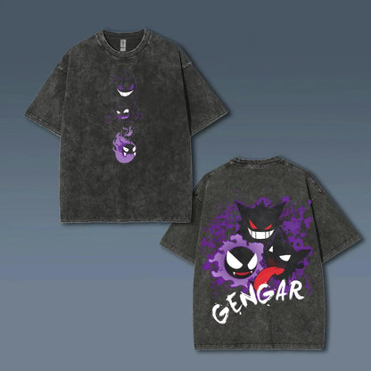 Animated Gengar Print Vintage Washed Short Sleeve T-Shirt Men and Women Summer Casual Fashion Clothing Cotton