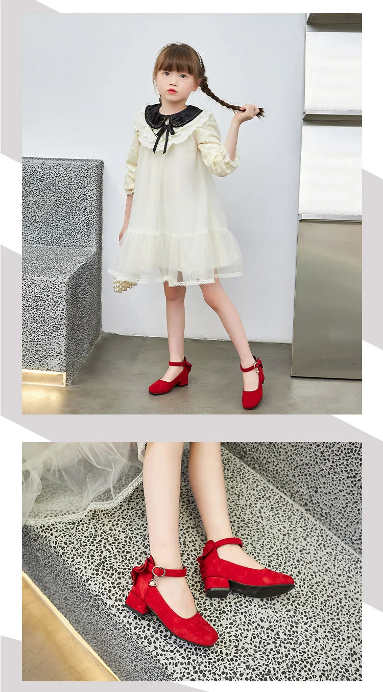 Little Girls Leather Shoes High Heel Baby Girls Party Shoes Bowknot Kid High Heel Shoes for 2023 Spring Princess Pink Shoes PU