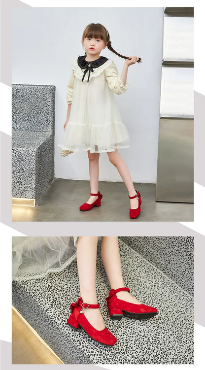 Little Girls Leather Shoes High Heel Baby Girls Party Shoes Bowknot Kid High Heel Shoes for 2023 Spring Princess Pink Shoes PU