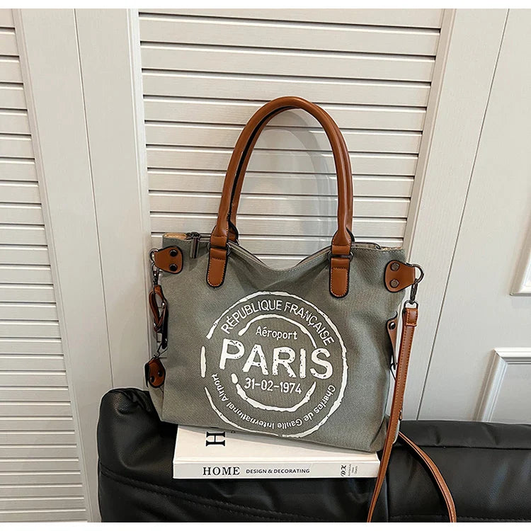 Portable Canvas New Trend Fashion Women's Bag Letter Large Capacity Tote Bag Leisure Commuting Single Shoulder Diagonal Span