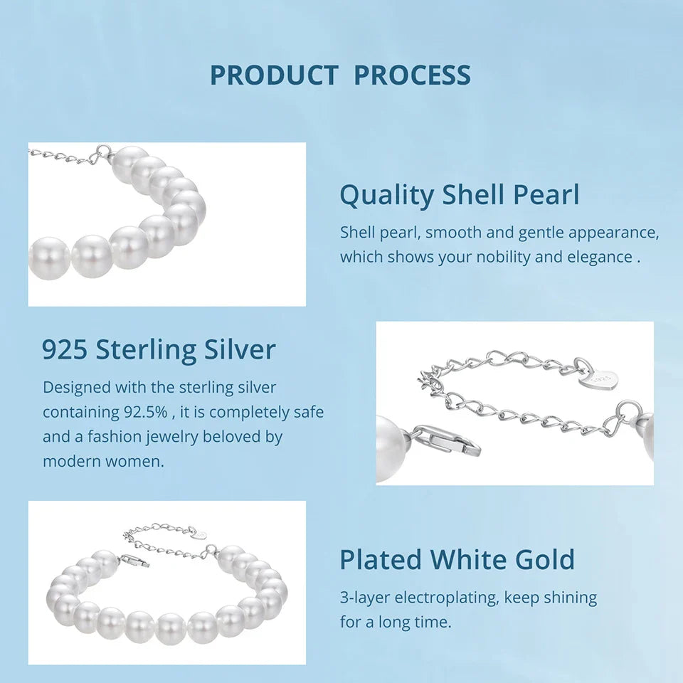 White Pearl Bracelets for Women, 925 Silver Adjustable Clasp Chain Faux Pearl Beaded Bracelets Bridal Wedding Jewelry