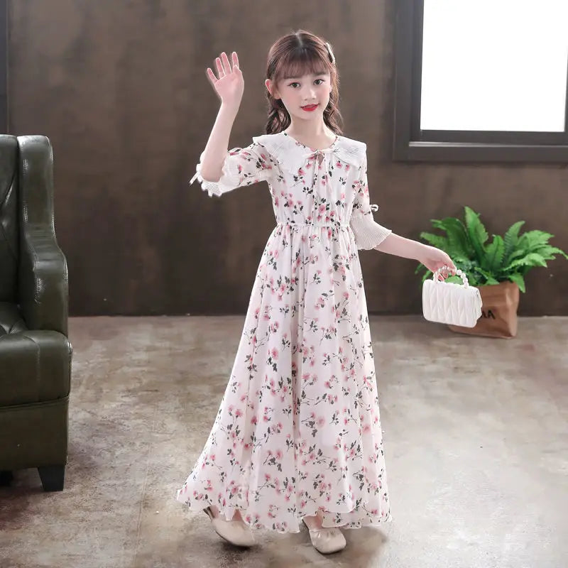 Long Floral Princess Party Dress for Girls 5-16Y Summer Elegant Bohemian Chiffon Maxi Dresses Teenage Girl Holiday Clothes 13 14