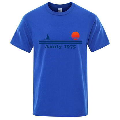 Amity 1975 - Jaws Retro Print Tshirt Men Creativity Sweat Clothing Fashion Tee Clothes T Shirts Breathable Cotton T-Shirts Man