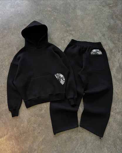 High street hip-hop men suit fashionable and popular embroidered design pullovers Gothic Harajuku loose casual suit tracksuit