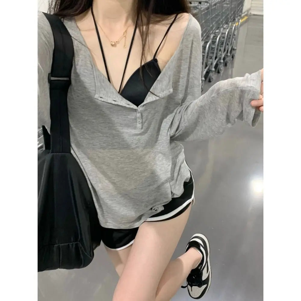 Korean Fashion Y2k Tank Top Long Sleeve V Collar Crop Top Button Sun Protection Frock Lady