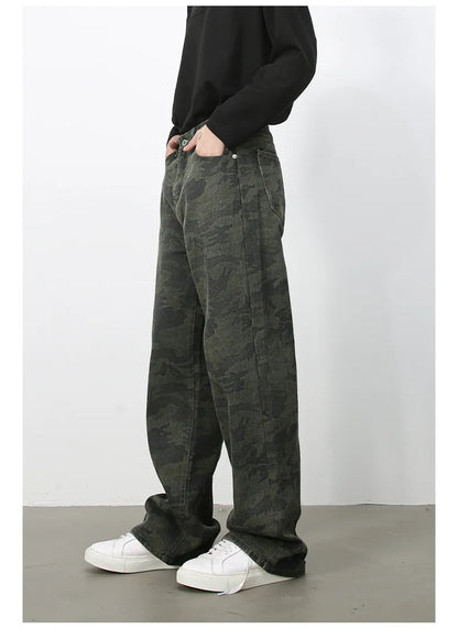 Tide Camouflage Jeans Men's Ins Loose Straight Wide Leg Casual Denim Pants Loose Male Trousers 12C2036