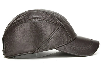 Casual Real Leather Earflap Cap Men's Real Cowhide Leather Caps Male Fall Winter Genuine Real Cow Leather Baseball Hats